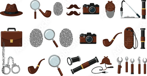 Detective Icon Set Featuring Magnifying Glasses, Hats, Cameras, Pipes, Fingerprints, and Investigation Tools for Mystery and Crime Scene Designs