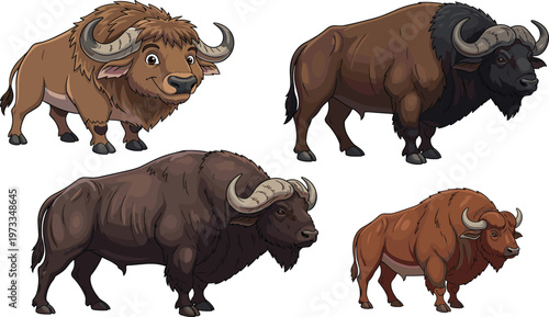 Bison and Buffalo Vector Illustration Set Featuring Mixed Cartoon and Realistic Styles with Detailed Fur, Horn Variations, and Wildlife Animal Design Elements.