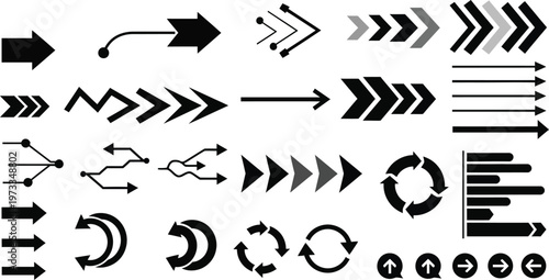 Collection of diverse arrow icons representing direction and progress, isolated on a white.