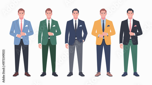 Vector illustration of businessmen wearing modern business suits: jackets, ties, dress shirts, and formal shoes. Flat colored vector style, minimal clean outlines, consistent stroke width, isolated on