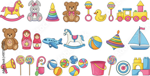 Kids Toys Collection with Teddy Bear, Train, Rocking Horse, Balls and Colorful Play Items for Children Illustration Design