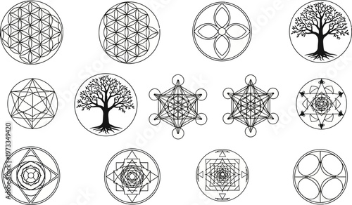 Sacred geometry symbols featuring intricate mandalas and trees of life are displayed in a circular pattern.