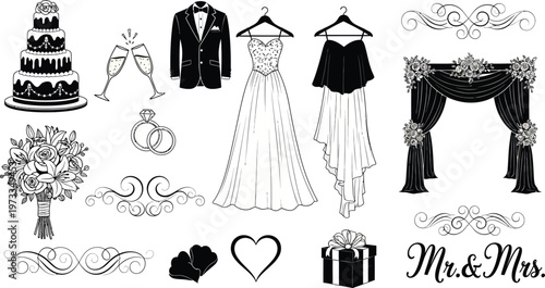 Wedding, marriage, black and white, vector icons, 20 elements, illustrations, clip art, wedding planning, decorations