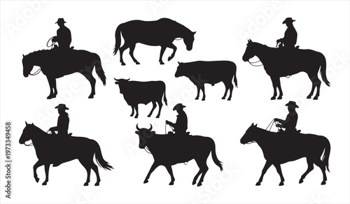 Cowboy riding horses with cattle silhouettes set western ranch livestock farming illustration collection