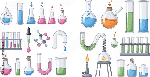 Chemistry Laboratory Glassware Collection with Beakers, Flasks, Test Tubes and Experiment Equipment for Science Illustration Design