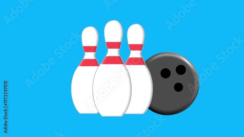 Animation of a black bowling ball and white pins zooming out on blue and green screen backgrounds.