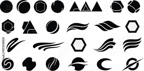 Assortment of abstract black geometric and fluid shapes isolated on a white background for branding and design.