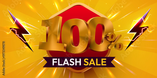 Dynamic Flash Sale 100 Off banner with golden numbers and lightning. Eye-catching design for promotions and discounts. Vector illustration