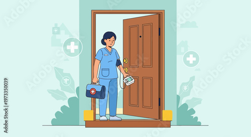 Nurse arriving at home for medical check-up, carrying medical equipment