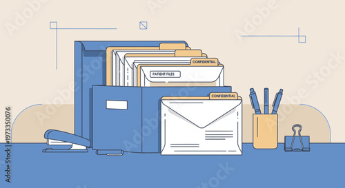 Office organization: filing cabinet with documents, envelopes, stapler, pens, and paper clips