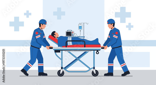 Paramedics Transporting Patient on Stretcher with Medical Equipment