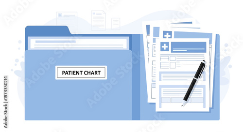 Patient chart folder with medical documents and pen, healthcare record keeping concept