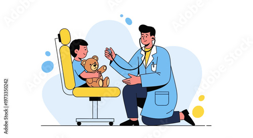 Pediatrician examining a child with a teddy bear using a stethoscope in a clinic