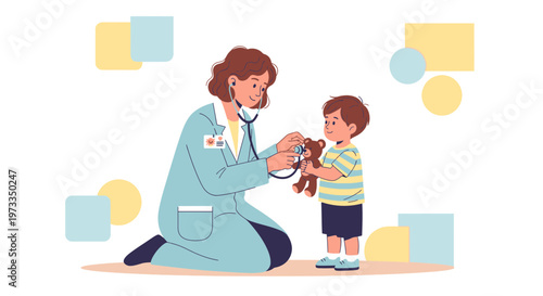 Pediatrician examining a child with a teddy bear using a stethoscope, illustration