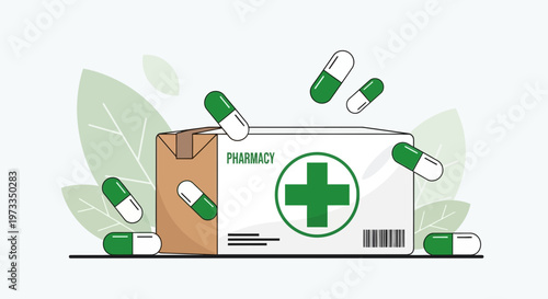 Pharmacy box with green cross and falling capsules, medical delivery concept