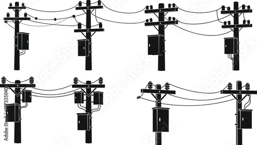 Black silhouette of four different utility poles with electrical wires and junction boxes
