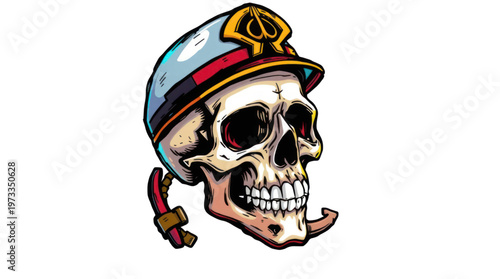 Skull Wearing a Military Style Helmet with a Golden Spade Badge Against a Transparent Background