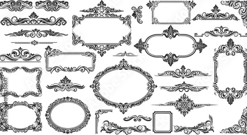 Frames and decorative borders with vintage flourishes provide elegant elements for graphic layouts.