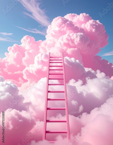 A pink ladder reaches upwards towards an ethereal, fluffy cloudscape. The sky is a beautiful blend of blues and soft pinks
