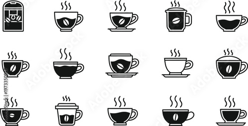 Coffee cups filled with hot beverages are arranged in a repetitive pattern for cafe menu design.
