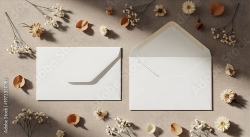 Top view of two white envelopes on a textured fabric background decorated with dried flowers and petals, perfect for wedding invitations or stationery