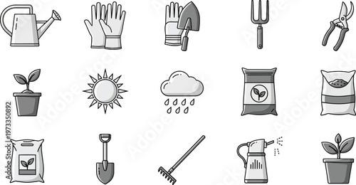 A collection of gardening tool icons and plant elements isolated on a white background, perfect for website design.