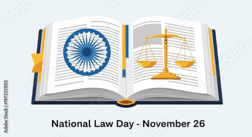 National Law Day, legal symbols, book with scales, India, November 26