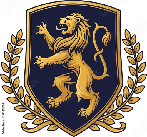 Lion emblem stands centered inside a traditional shield surrounded by ornate golden laurel branches.