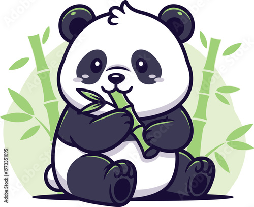 Cute panda bear, cartoon illustration, bamboo, black and white