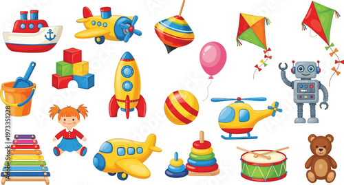 Kids Toys Collection with Airplane, Rocket, Robot, Helicopter, Blocks and Musical Instruments for Children Playtime Illustration Design