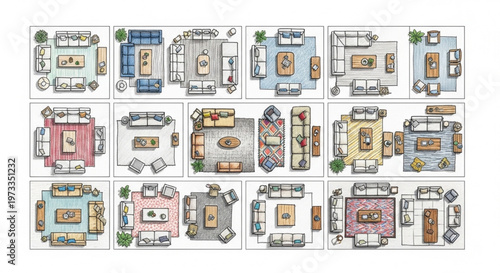 Sofa Arrangement Interior Design Sketch Modern Living Room Hand Drawn Planning Concept Illustration