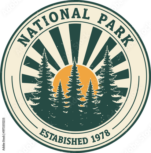 National Park emblem features a stylized coniferous forest silhouette framed by a sunburst design.
