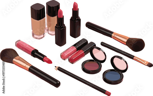 Makeup Cosmetics Collection with Lipstick, Foundation, Brushes and Eyeshadow Palette for Beauty, Fashion and Professional Makeup Illustration Design