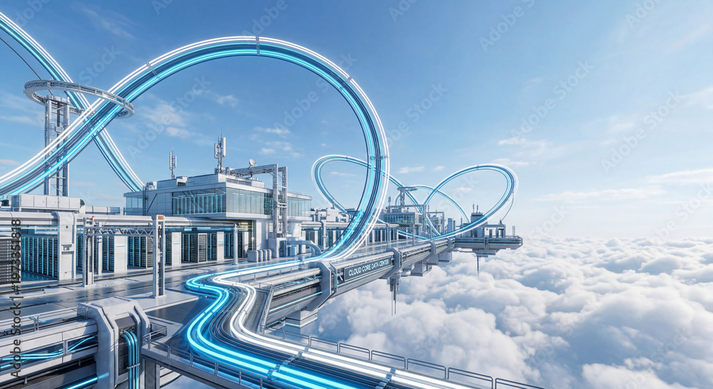 Fototapeta premium Cloud Data Center Neon Architecture Render