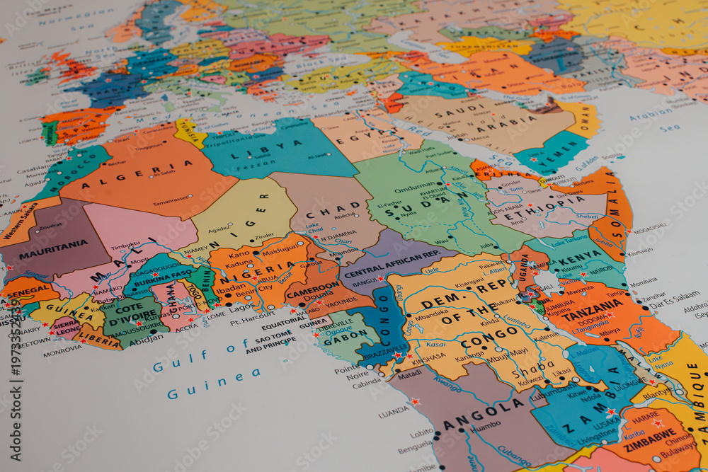 Naklejka premium Detailed political map of Africa and the Middle East, highlighting countries, borders, capitals, and geographic regions.