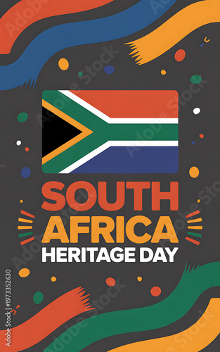 Vibrant illustration celebrating south africa heritage day with flag and colorful design elements on dark background