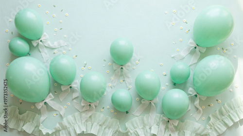 Fresh Spring Flat Lay with Mint Green Balloons and White Daisy Confetti on Light Mint Background, Top Down View with Copy Space