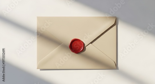 Closeup of a beige envelope with a red wax seal, top view, minimal style, elegant stationery for invitations or letters