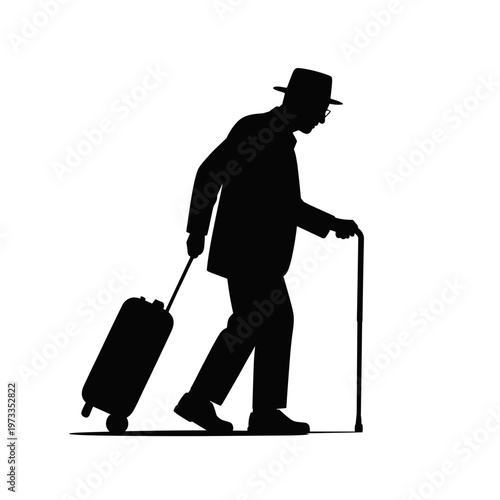 Elderly man with cane and rolling suitcase silhouette in side view, senior travel and active aging concept, isolated black figure for poster or support design