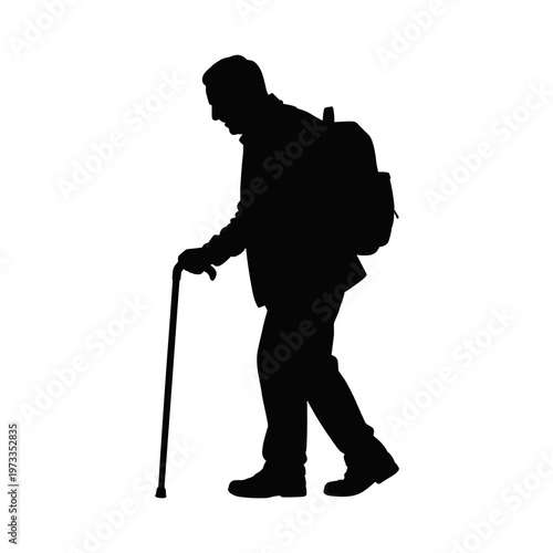 Elderly man with cane and backpack silhouette in side view, senior mobility and active aging concept, isolated black figure for healthcare poster or support design