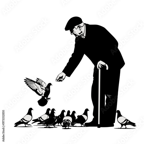 Elderly man with cane feeding pigeons silhouette, gentle city park scene and senior lifestyle concept, isolated black figure for poster or social care design