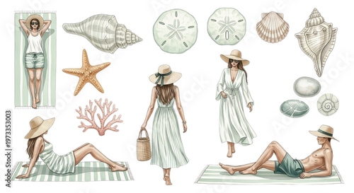 Summer beach lifestyle watercolor set with woman seashells starfish coastal elements