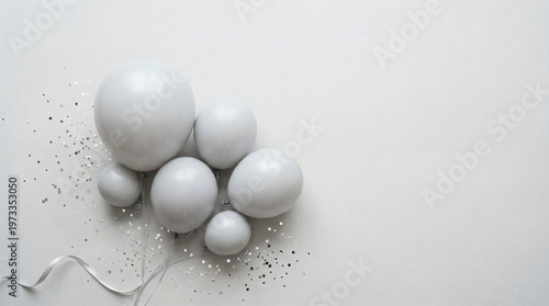 Sophisticated Minimalist Flat Lay with Grey Balloons and Silver Confetti on Pale Grey Background, Top Down View with Copy Space