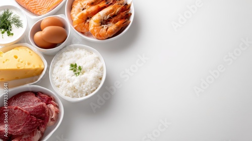 Wallpaper Mural Different foods arranged isolated on white background, top view, copy space Torontodigital.ca