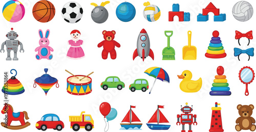 Kids Toys and Play Objects Collection with Balls, Robots, Cars, Dolls and Outdoor Play Items for Children Illustration Design