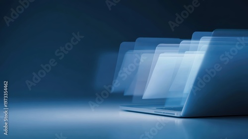 digital file folders emerging from laptop screen, efficient data organization and document management workflow, high tech blue background