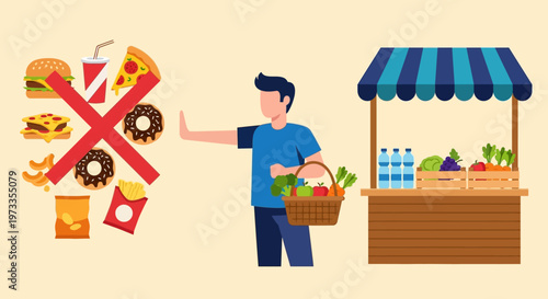 Healthy Lifestyle Choice Illustration: Man Rejecting Junk Food for Fresh Organic Vegetables and Fruits