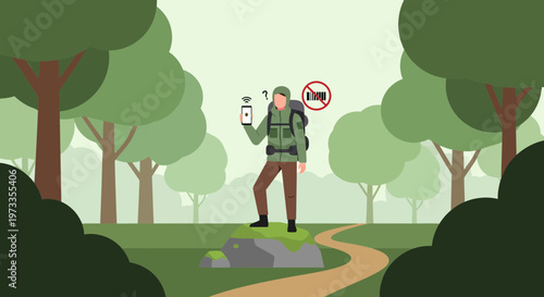 Hiker lost in forest with no signal on phone, seeking connection and navigation