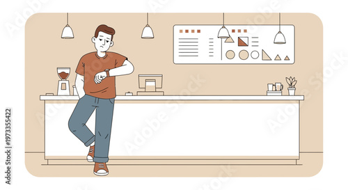 Man checking watch at coffee shop counter, waiting for order, casual lifestyle