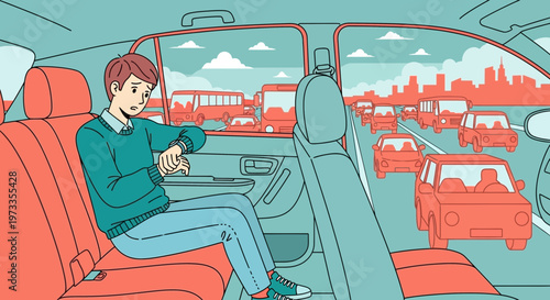 Man checking watch in car stuck in traffic jam on city highway